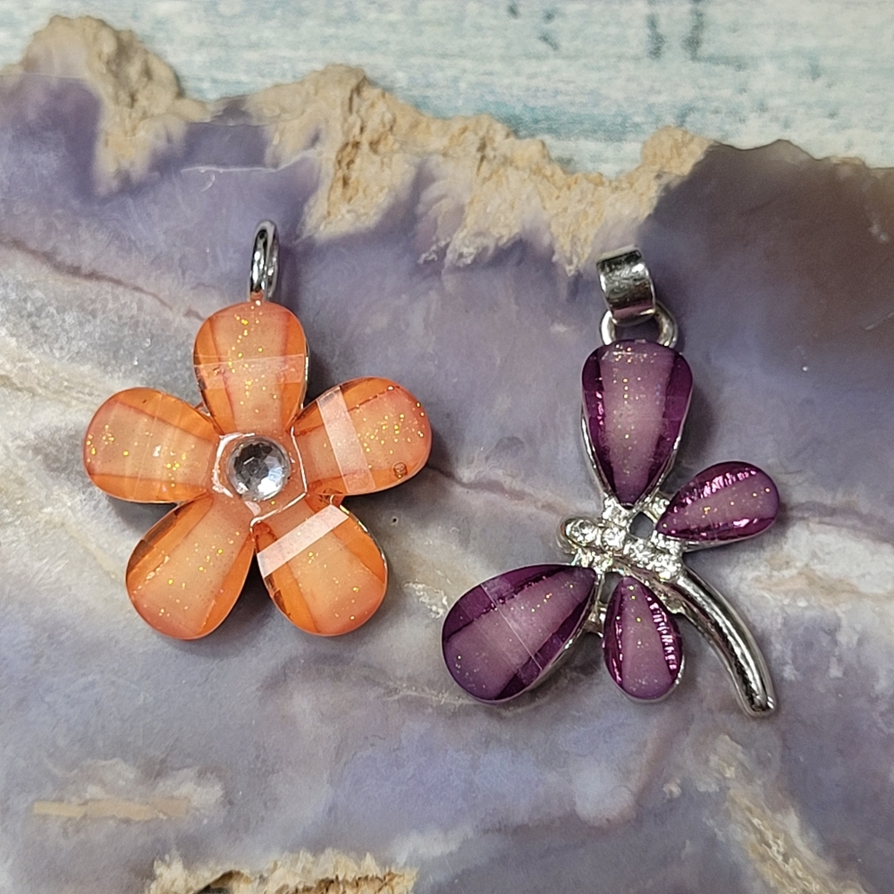 Orange and Purple Flower and Dragonfly Pendants